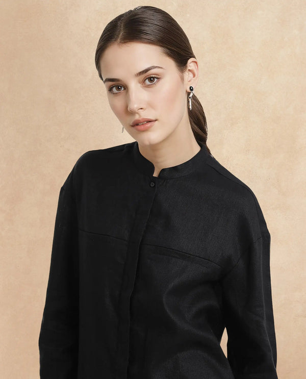 Rareism Women Aruba Black Cotton Linen Fabric Collared Neck Printed Regular Fit Shirt