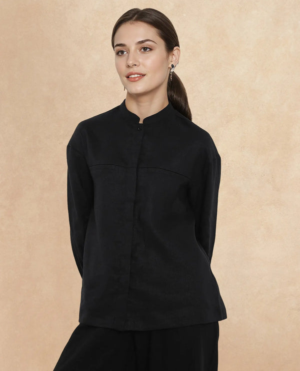 Rareism Women Aruba Black Cotton Linen Fabric Collared Neck Printed Regular Fit Shirt