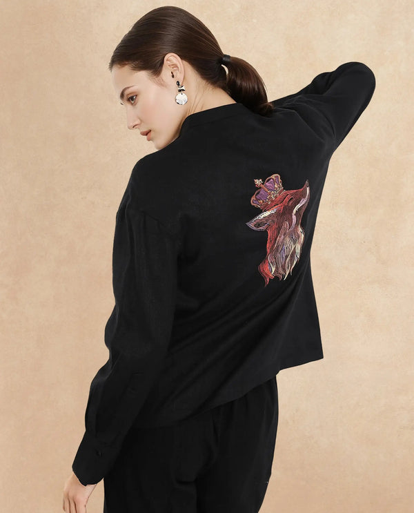 Rareism Women Aruba Black Cotton Linen Fabric Collared Neck Printed Regular Fit Shirt