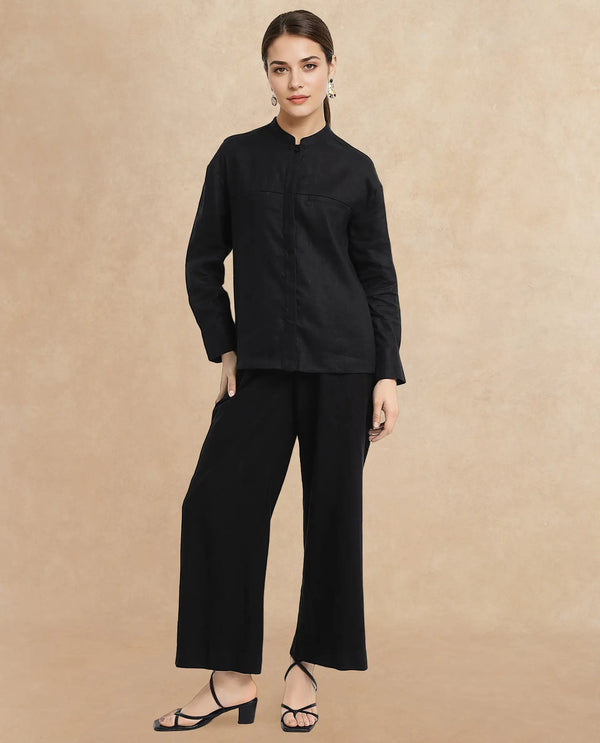 Rareism Women Aruba Black Cotton Linen Fabric Collared Neck Printed Regular Fit Shirt