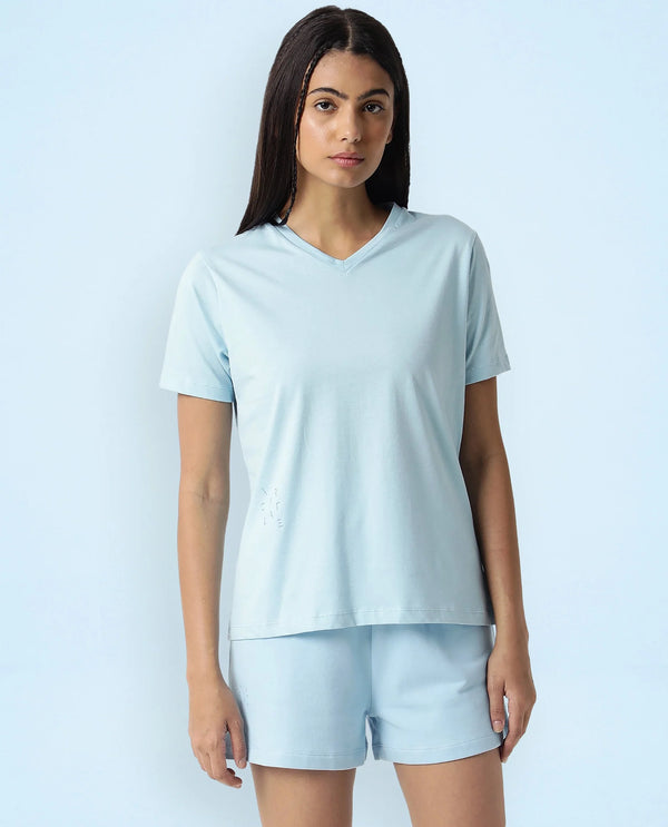 Rareism Women Arvi Blue Cotton Blend Fabric Regular Fit Half Sleeves Solid V-Neck T-Shirt
