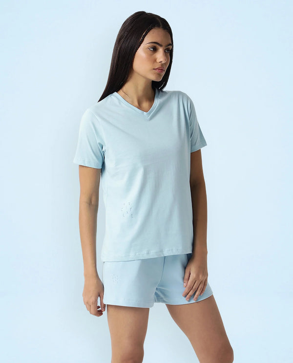 Rareism Women Arvi Blue Cotton Blend Fabric Regular Fit Half Sleeves Solid V-Neck T-Shirt