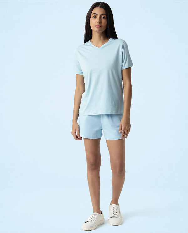 Rareism Women Arvi Blue Cotton Blend Fabric Regular Fit Half Sleeves Solid V-Neck T-Shirt