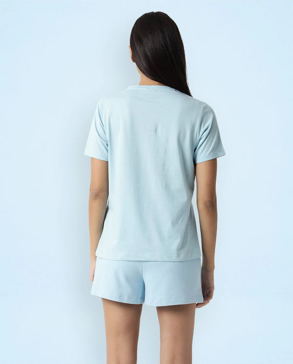 Rareism Women Arvi Blue Cotton Blend Fabric Regular Fit Half Sleeves Solid V-Neck T-Shirt