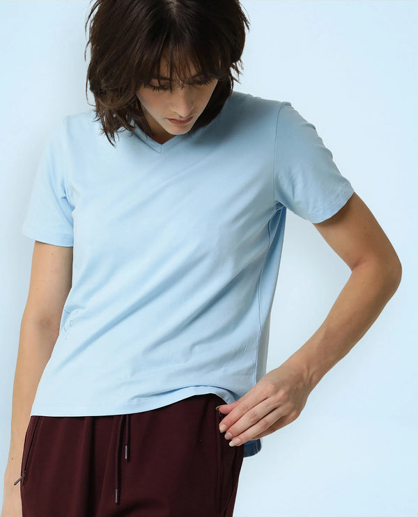 Rareism Women Arvi Blue Cotton Blend Fabric Regular Fit Half Sleeves Solid V-Neck T-Shirt