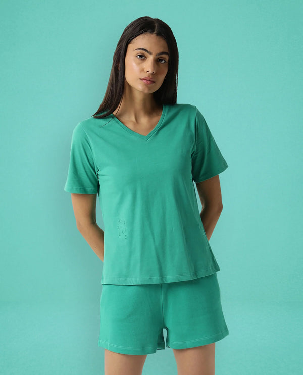 Rareism Women Arvi Green Cotton Blend Fabric Regular Fit Half Sleeves Solid V-Neck T-Shirt