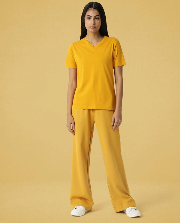 Rareism Women Arvi Mustard Cotton Blend Fabric Regular Fit Half Sleeves Solid V-Neck T-Shirt