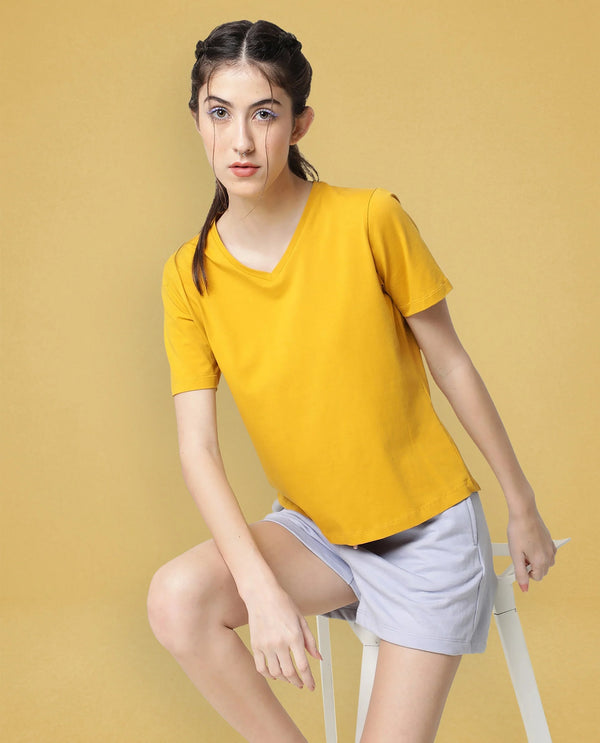 Rareism Women Arvi Mustard Cotton Blend Fabric Regular Fit Half Sleeves Solid V-Neck T-Shirt