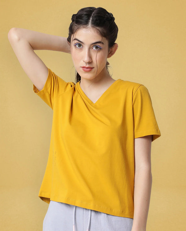 Rareism Women Arvi Mustard Cotton Blend Fabric Regular Fit Half Sleeves Solid V-Neck T-Shirt