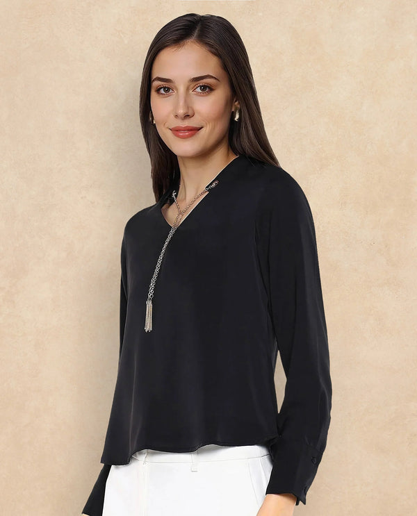 Rareism Women Ascom Black Cuffed Sleeve V-Neck Plain Top