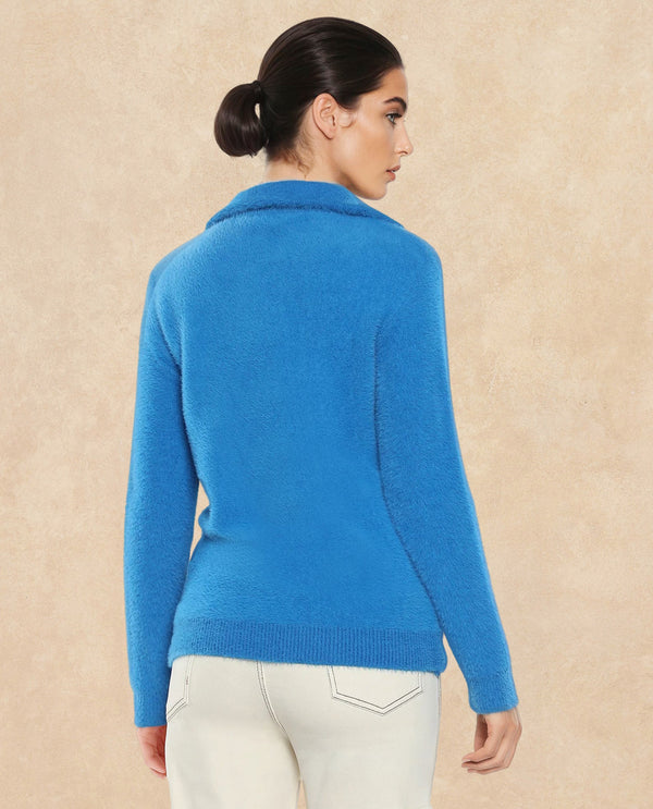 Rareism Women Asser Blue Plain High Neck Plain Sweater