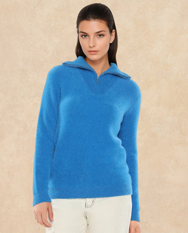 Rareism Women Asser Blue Plain High Neck Plain Sweater