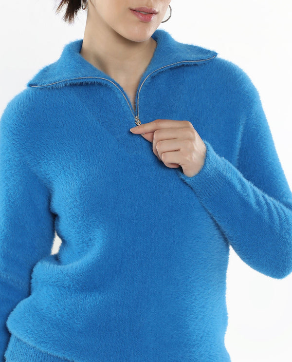 Rareism Women's Asser Blue Plain High Neck Plain Sweater