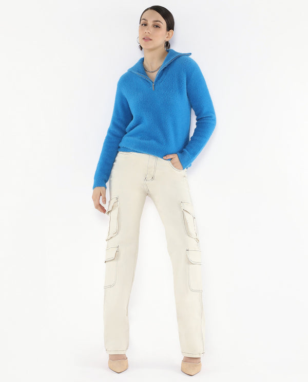 Rareism Women's Asser Blue Plain High Neck Plain Sweater