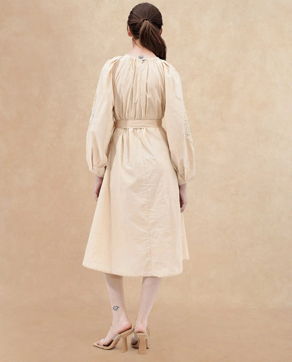 Rareism Women's Asta Light Beige Cotton Fabric Round Neck Zipper Closure Raglan Sleeve Plain A-Line Midi Dress