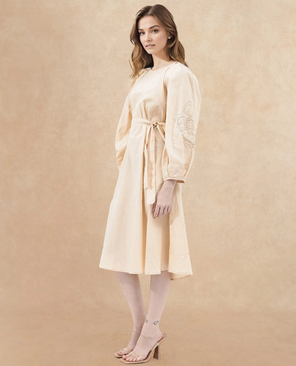 Rareism Women's Asta Light Beige Cotton Fabric Round Neck Zipper Closure Raglan Sleeve Plain A-Line Midi Dress