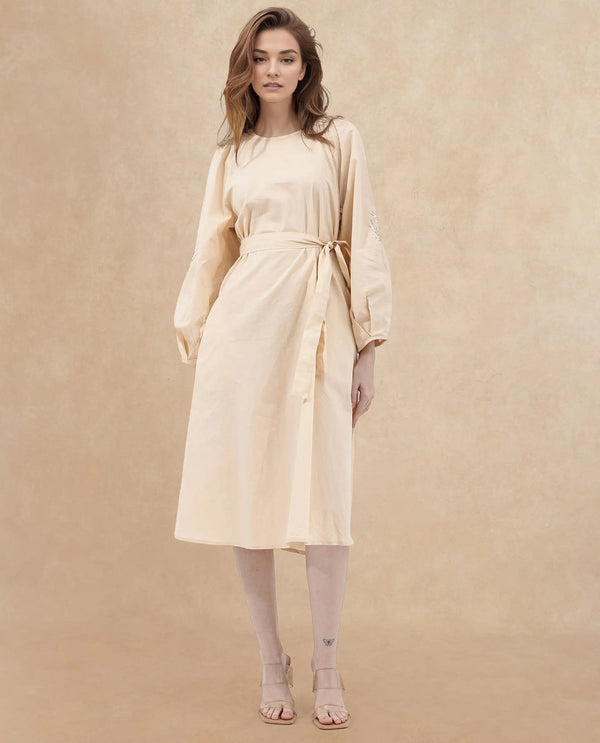 Rareism Women's Asta Light Beige Cotton Fabric Round Neck Zipper Closure Raglan Sleeve Plain A-Line Midi Dress