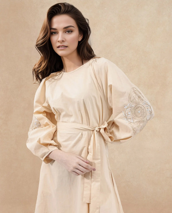 Rareism Women's Asta Light Beige Cotton Fabric Round Neck Zipper Closure Raglan Sleeve Plain A-Line Midi Dress