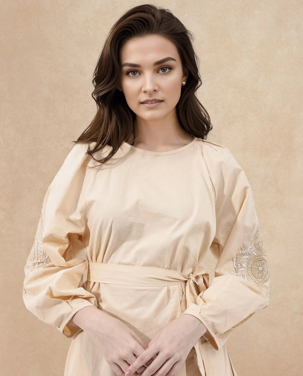 Rareism Women's Asta Light Beige Cotton Fabric Round Neck Zipper Closure Raglan Sleeve Plain A-Line Midi Dress