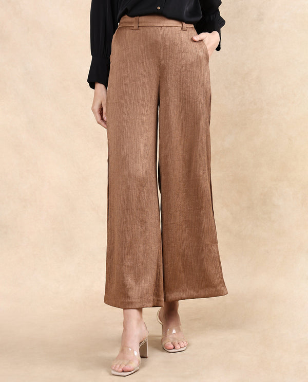 Rareism Women Dayna Light Brown Button Closure Wide Fit Ankle Length Plain Trouser