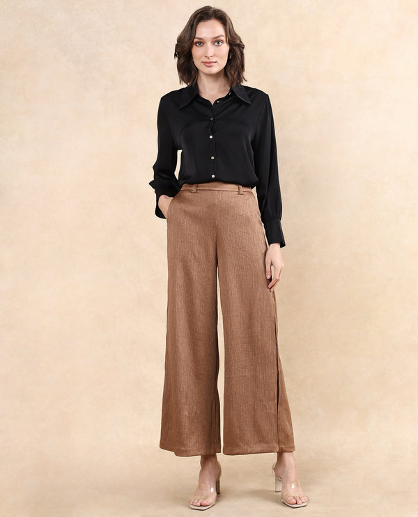 Rareism Women Dayna Light Brown Button Closure Wide Fit Ankle Length Plain Trouser
