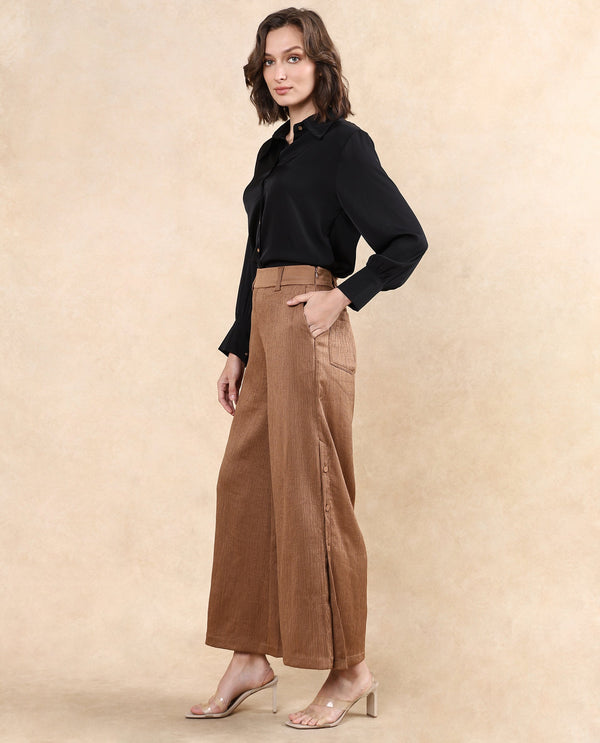 Rareism Women Dayna Light Brown Button Closure Wide Fit Ankle Length Plain Trouser
