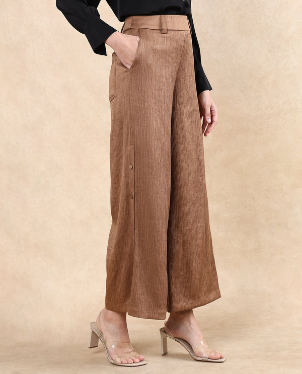 Rareism Women Dayna Light Brown Button Closure Wide Fit Ankle Length Plain Trouser