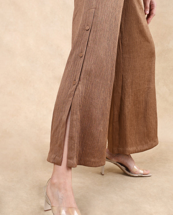 Rareism Women Dayna Light Brown Button Closure Wide Fit Ankle Length Plain Trouser