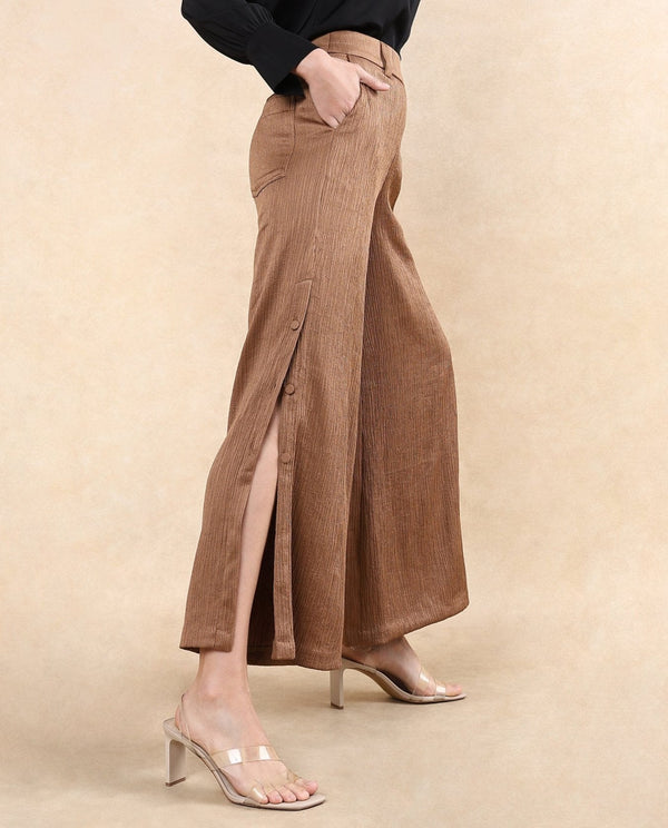 Rareism Women Dayna Light Brown Button Closure Wide Fit Ankle Length Plain Trouser