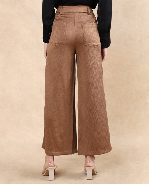 Rareism Women Dayna Light Brown Button Closure Wide Fit Ankle Length Plain Trouser