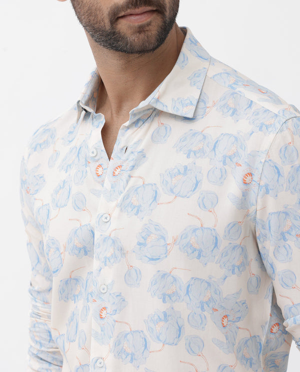 Rare Rabbit Men's Astoc Beige Viscose Fabric Full Sleeves Floral Print Shirt