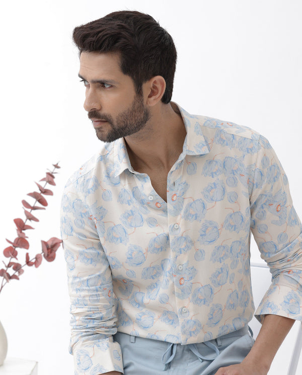 Rare Rabbit Men's Astoc Beige Viscose Fabric Full Sleeves Floral Print Shirt