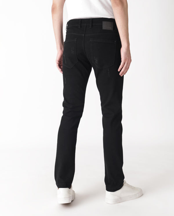 Rare Rabbit Men's Astred Black Dark Wash Mid-Rise Heavy Distressed Slim Fit Jeans
