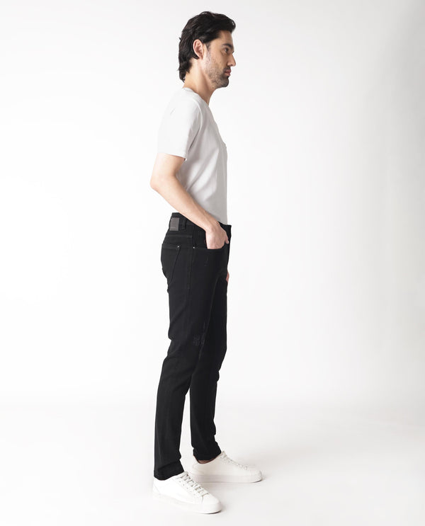 Rare Rabbit Men's Astred Black Dark Wash Mid-Rise Heavy Distressed Slim Fit Jeans