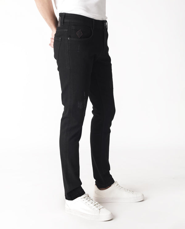 Rare Rabbit Men's Astred Black Dark Wash Mid-Rise Heavy Distressed Slim Fit Jeans