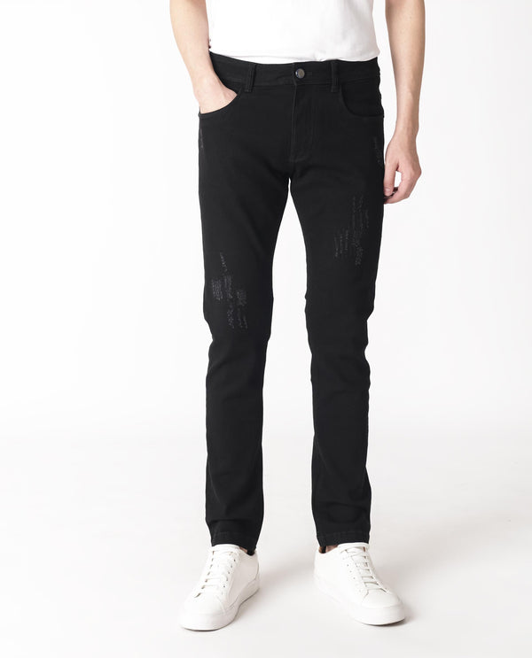 Rare Rabbit Men's Astred Black Dark Wash Mid-Rise Heavy Distressed Slim Fit Jeans