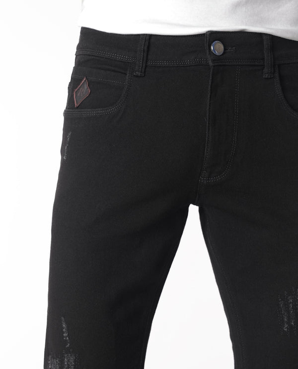 Rare Rabbit Men's Astred Black Dark Wash Mid-Rise Heavy Distressed Slim Fit Jeans