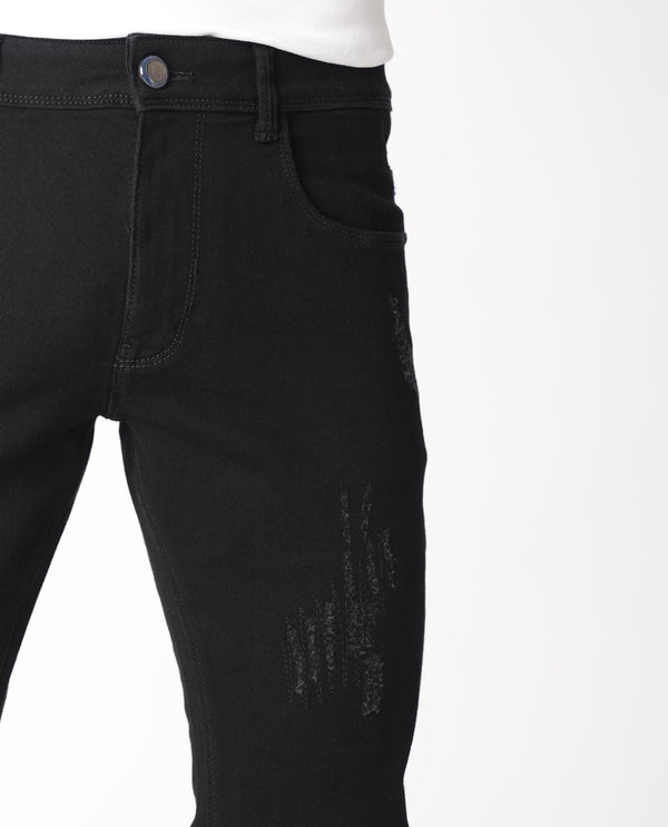 Rare Rabbit Men's Astred Black Dark Wash Mid-Rise Heavy Distressed Slim Fit Jeans