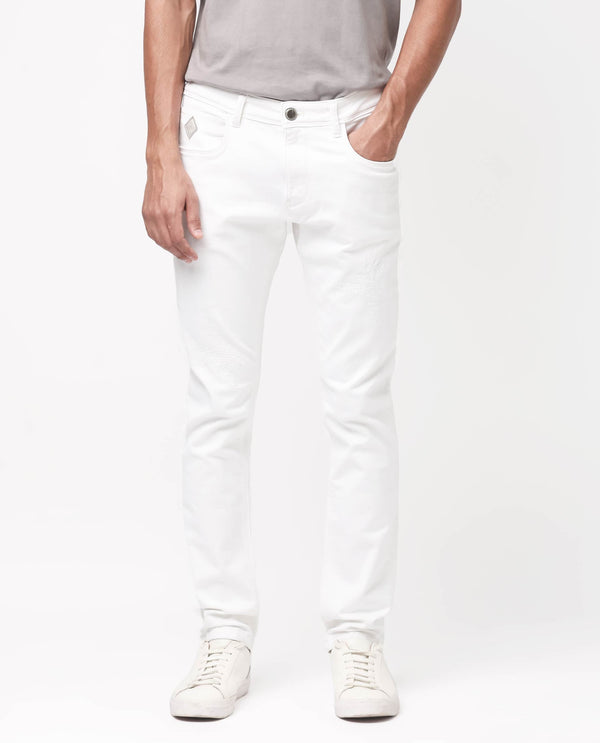 Rare Rabbit Men Astred White Cotton Fabric Mid Rise Slim Fit Rinse Wash Jeans Trouser