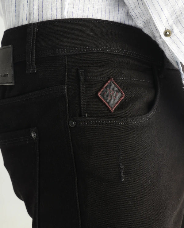 Rare Rabbit Men's Astred Black Dark Wash Mid-Rise Heavy Distressed Slim Fit Jeans