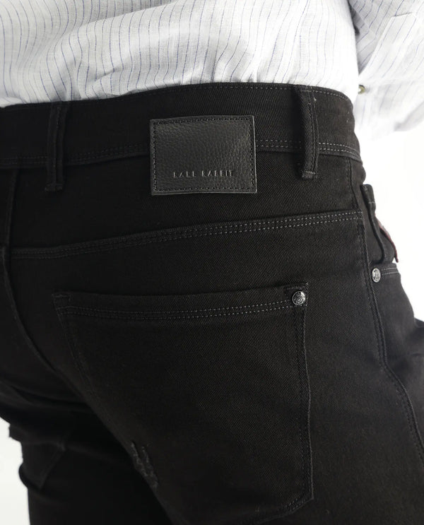 Rare Rabbit Men's Astred Black Dark Wash Mid-Rise Heavy Distressed Slim Fit Jeans