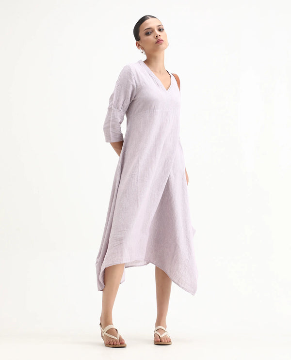 Rareism Women Astrid Pastel Purple V Neck 3/4 Sleeves Asymmetric Knee Length Dress