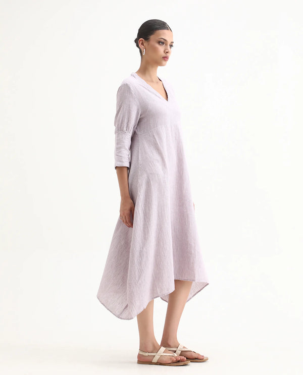 Rareism Women Astrid Pastel Purple V Neck 3/4 Sleeves Asymmetric Knee Length Dress