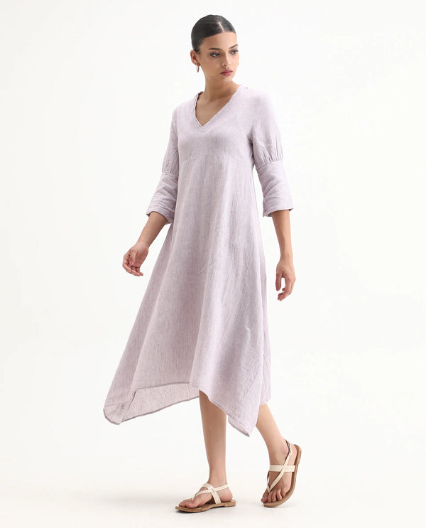 Rareism Women Astrid Pastel Purple V Neck 3/4 Sleeves Asymmetric Knee Length Dress