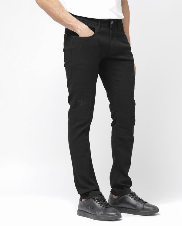 Rare Rabbit Mens Astro Black Cotton Mid Rise Elastane Solid Slim Fit Jeans
