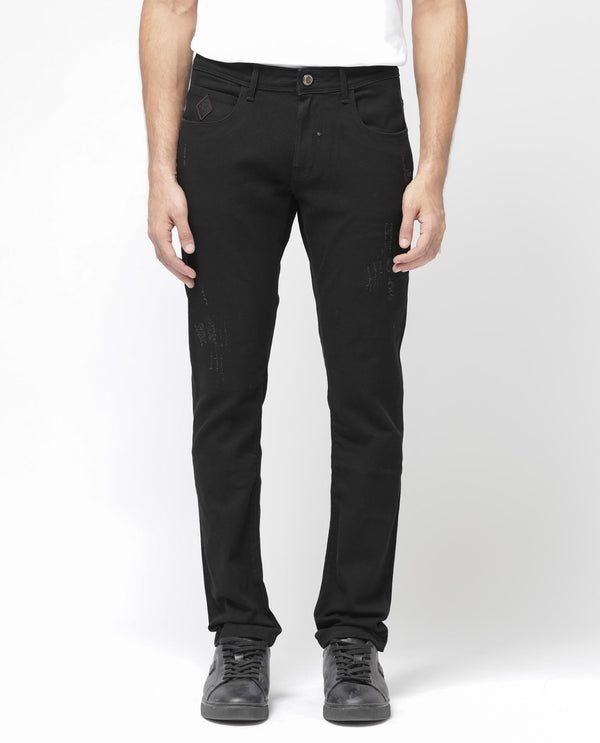 Rare Rabbit Mens Astro Black Cotton Mid Rise Elastane Solid Slim Fit Jeans