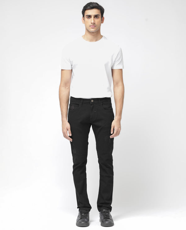 Rare Rabbit Mens Astro Black Cotton Mid Rise Elastane Solid Slim Fit Jeans
