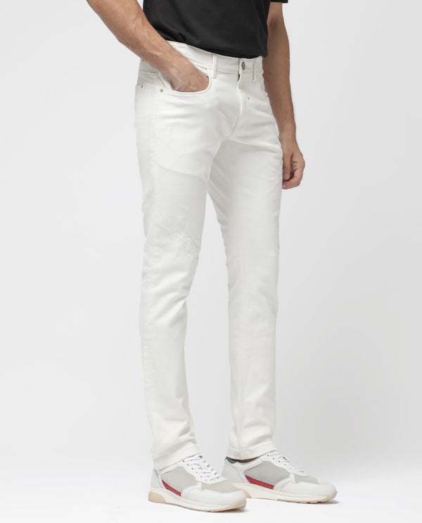 Rare Rabbit Mens Astro White Cotton Mid Rise Elastane Solid Slim Fit Jeans