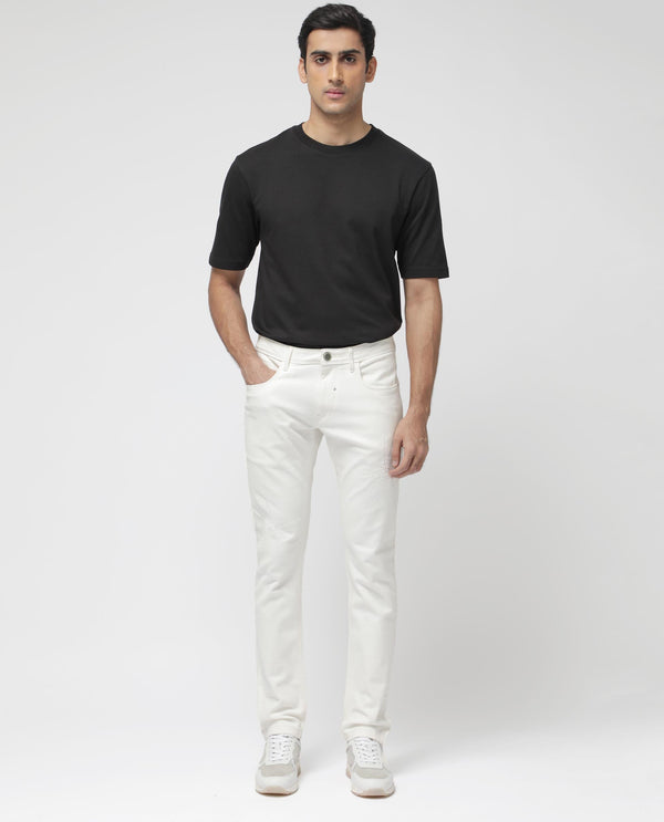 Rare Rabbit Mens Astro White Cotton Mid Rise Elastane Solid Slim Fit Jeans
