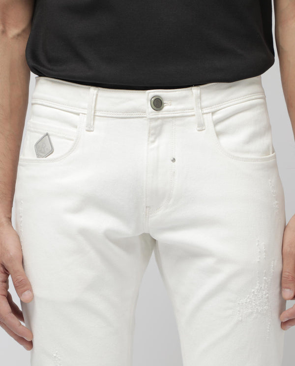 Rare Rabbit Mens Astro White Cotton Mid Rise Elastane Solid Slim Fit Jeans